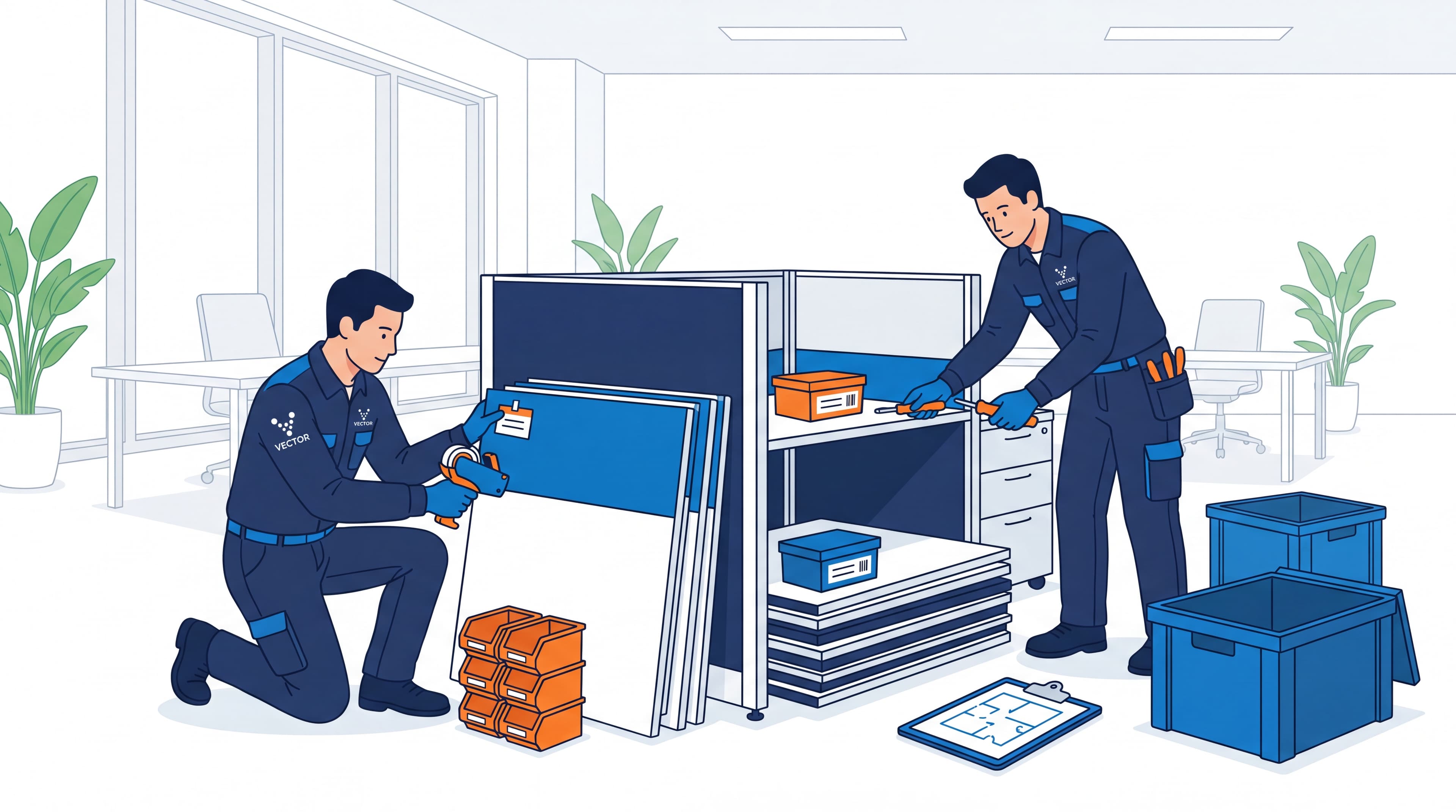 Vector Installation Services crew disassembling office cubicles in a commercial office.
