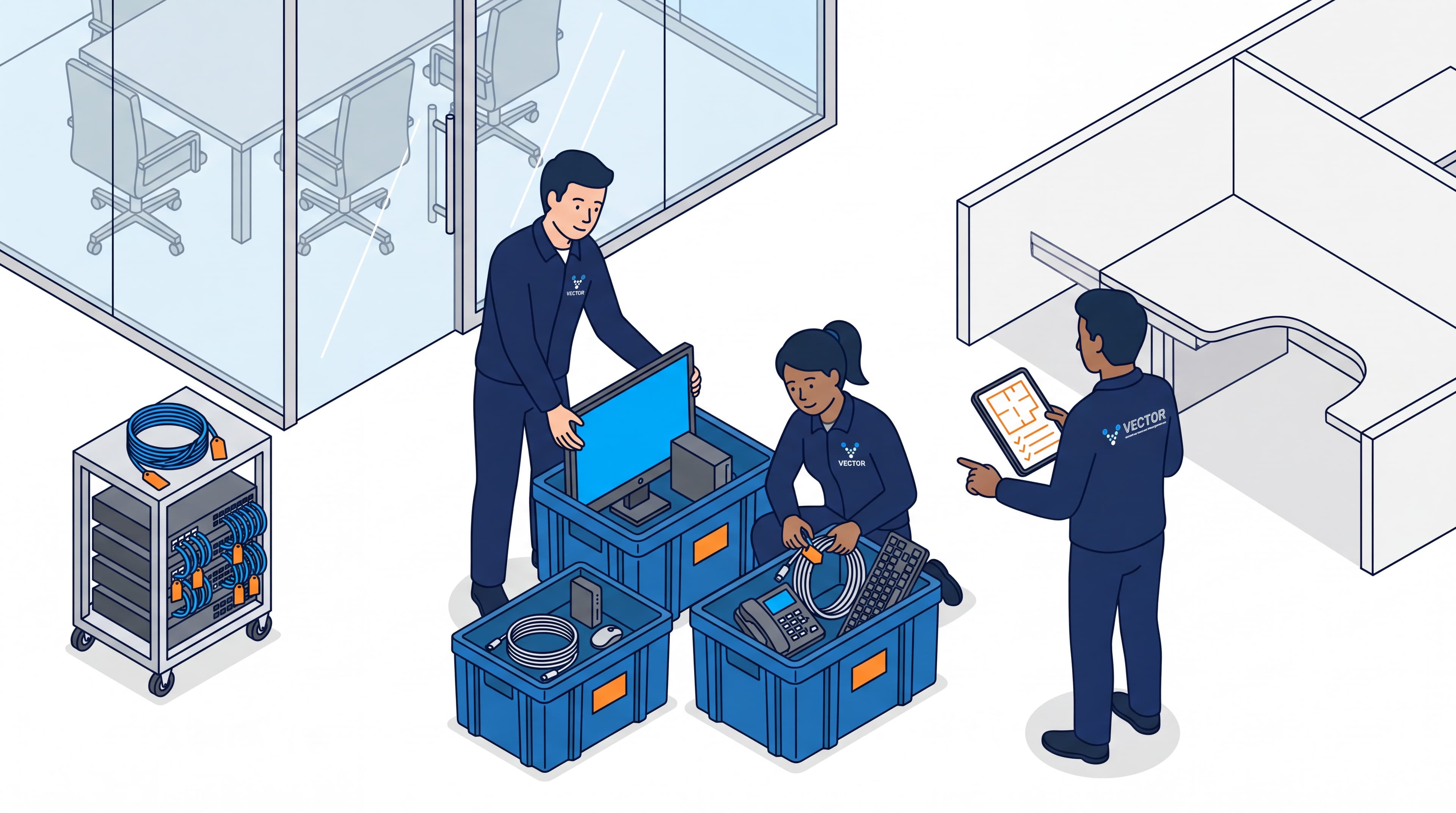Vector Installation Services team packing and labeling IT equipment for an office move.