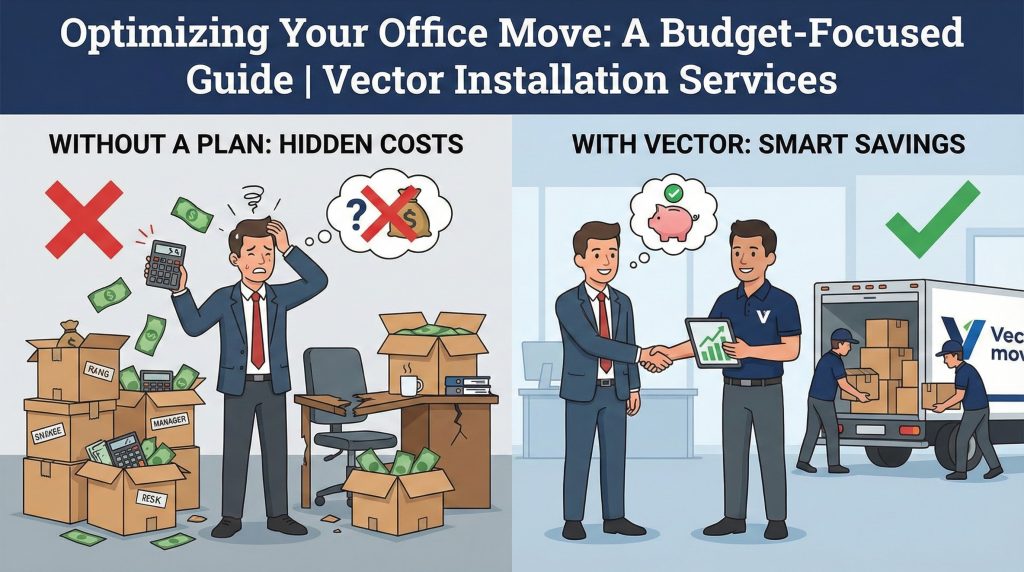 Cartoon contrasting two scenes: Without a Plan (stressed manager surrounded by boxes, hidden costs, calculators, flying money) versus With Vector (professional shaking hands with client, tablet showing financial success, moving truck being loaded, pig bank symbolizing savings).