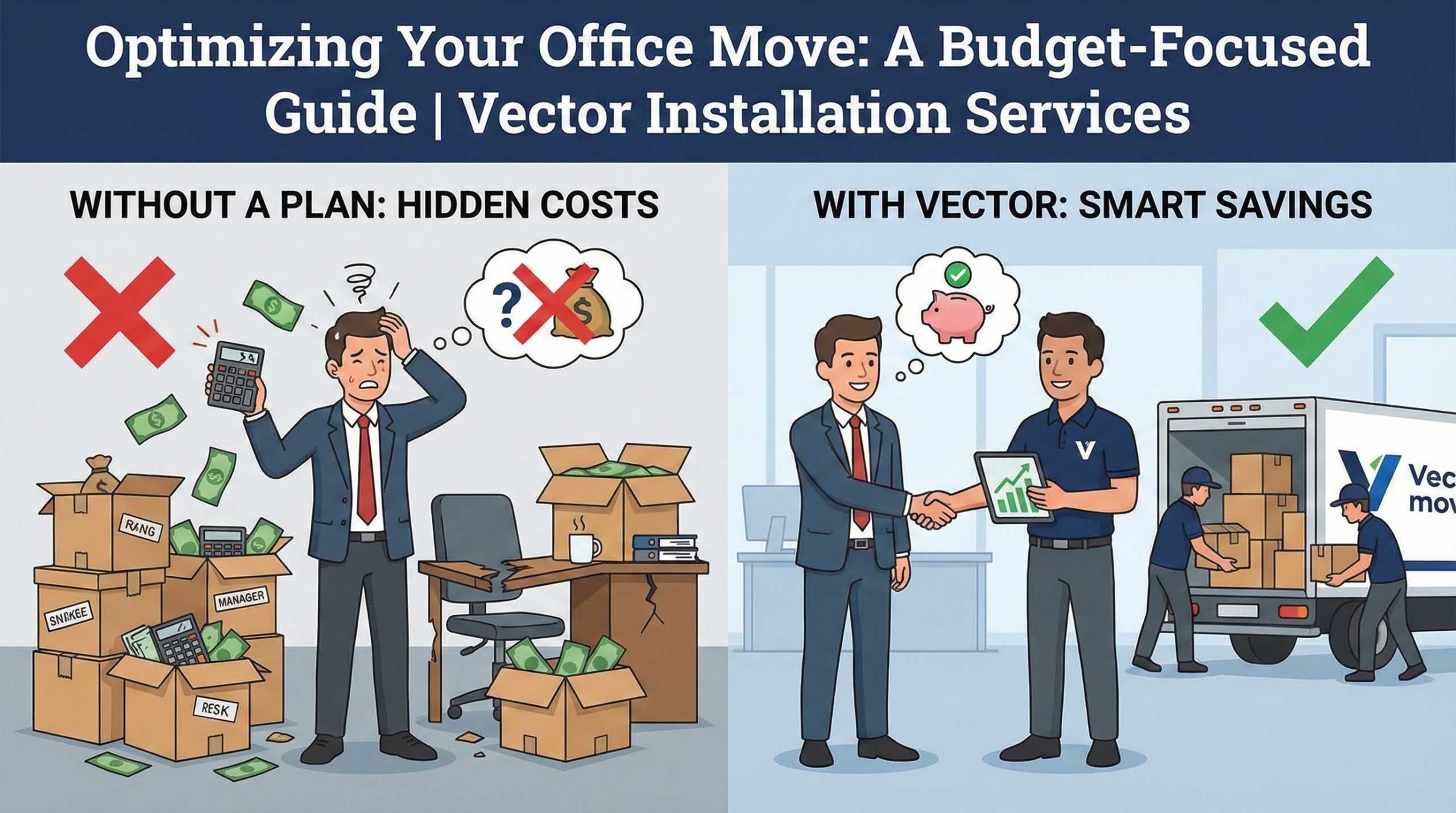 Cartoon contrasting two scenes: Without a Plan (stressed manager surrounded by boxes, hidden costs, calculators, flying money) versus With Vector (professional shaking hands with client, tablet showing financial success, moving truck being loaded, pig bank symbolizing savings).
