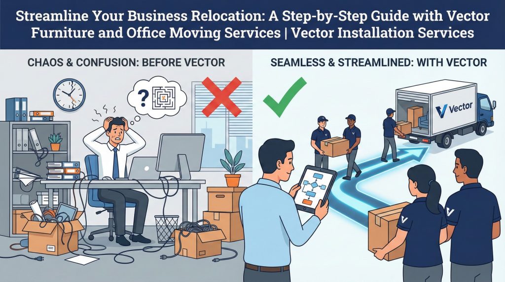Cartoon contrasting two scenes: Before Vector (stressed employee, cluttered office, tangled wires, confusion thought bubble) vs. With Vector (Project Manager with tablet flow chart, Vector crew efficiently moving items along a clear blue arrow path to the truck, symbolizing a seamless and streamlined process).