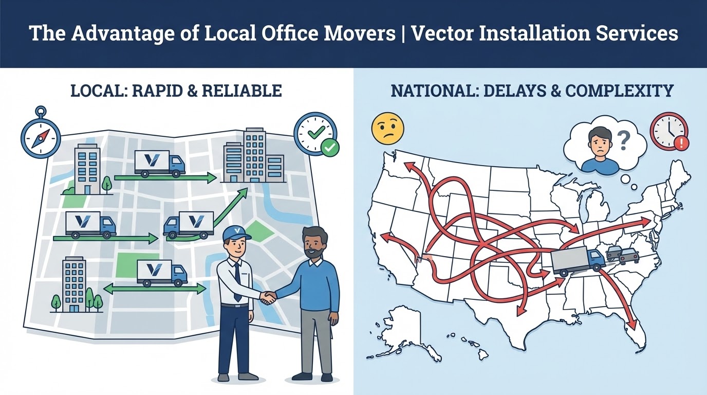Infographic contrasting Local Office Movers (Vector trucks efficiently moving between buildings on a map, handshake, checkmark/clock) versus National Movers (trucks with tangled, confusing red arrow paths across the US map, stressed face, question mark/clock, symbolizing delays and complexity).