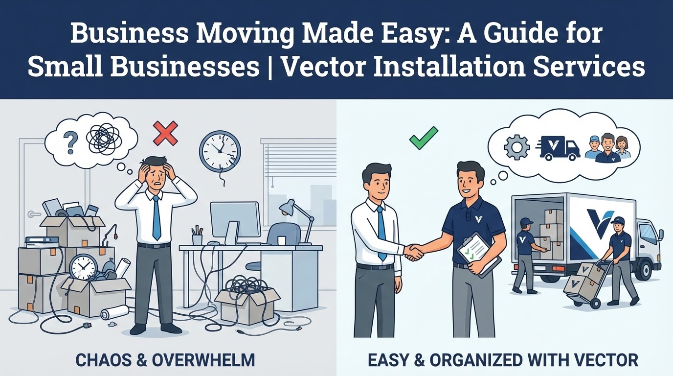 Cartoon contrasting two scenes: Chaos & Overwhelm (stressed small business owner surrounded by boxes, tangled wires, question mark thought bubble) vs. Easy & Organized with Vector (Vector professional shaking hands with client next to a loaded truck and crew using a hand truck, thought bubbles showing gears/truck/team, symbolizing organization and ease).