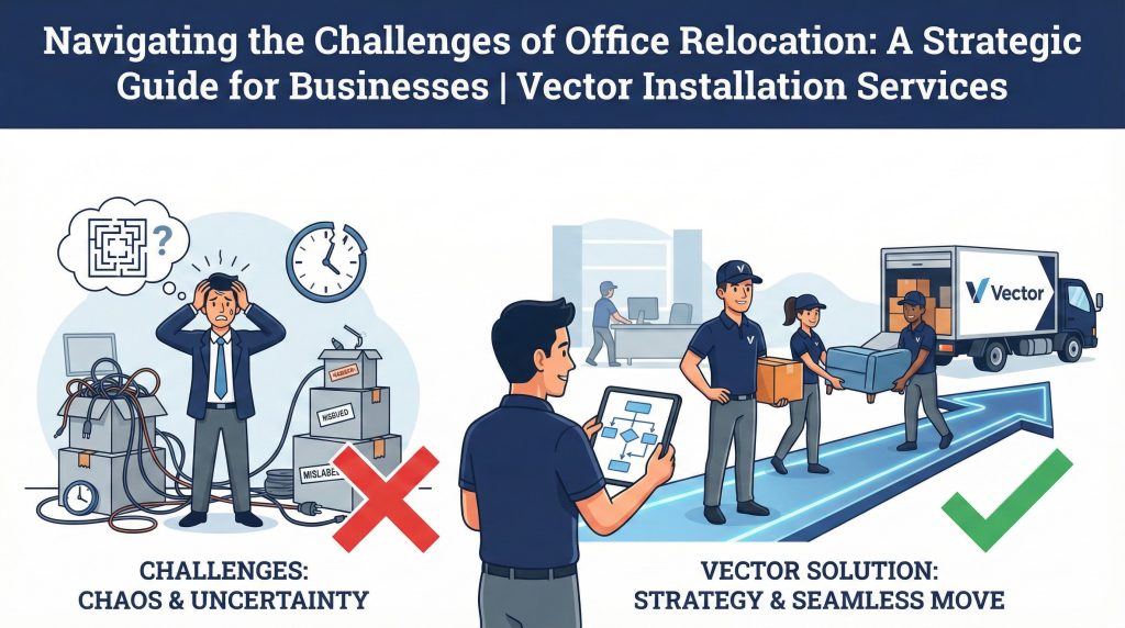 Cartoon contrasting two scenes: Challenges (stressed manager, tangled wires, mislabeled boxes, clock with question mark) vs. Vector Solution (Project Manager with tablet flow chart, Vector crew loading a truck along a clear path, signifying strategy and a seamless move).