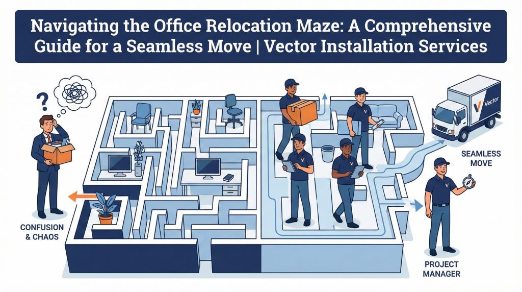 Infographic of an office relocation maze: A confused person is at the start (Confusion & Chaos), while Vector crew members follow a clear path through the maze and load a truck for a Seamless Move, guided by a Project Manager with a stopwatch.