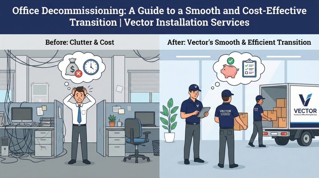 Cartoon contrasting two scenes: Before (stressed employee, cluttered office, tangled wires, money bag with X mark) vs. After (Vector crew loading truck with boxes, one crew member holding a clipboard, pig bank with checkmark, symbolizing savings).