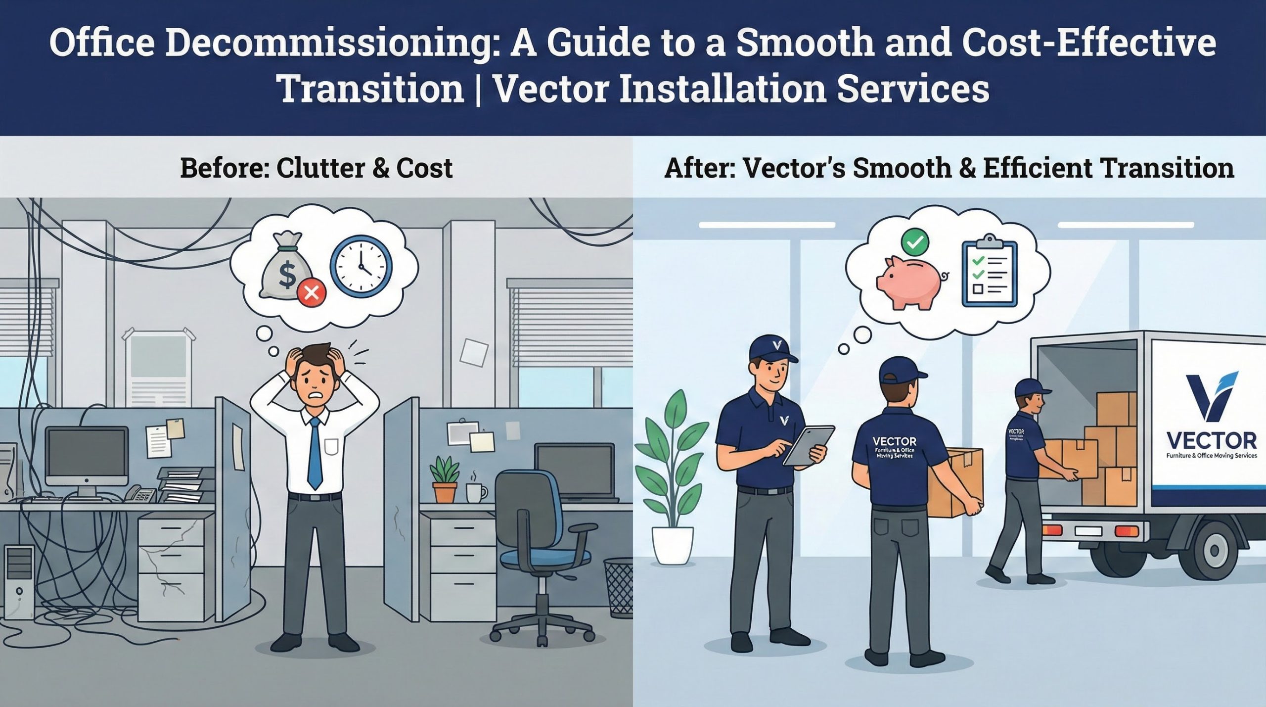 Cartoon contrasting two scenes: Before (stressed employee, cluttered office, tangled wires, money bag with X mark) vs. After (Vector crew loading truck with boxes, one crew member holding a clipboard, pig bank with checkmark, symbolizing savings).