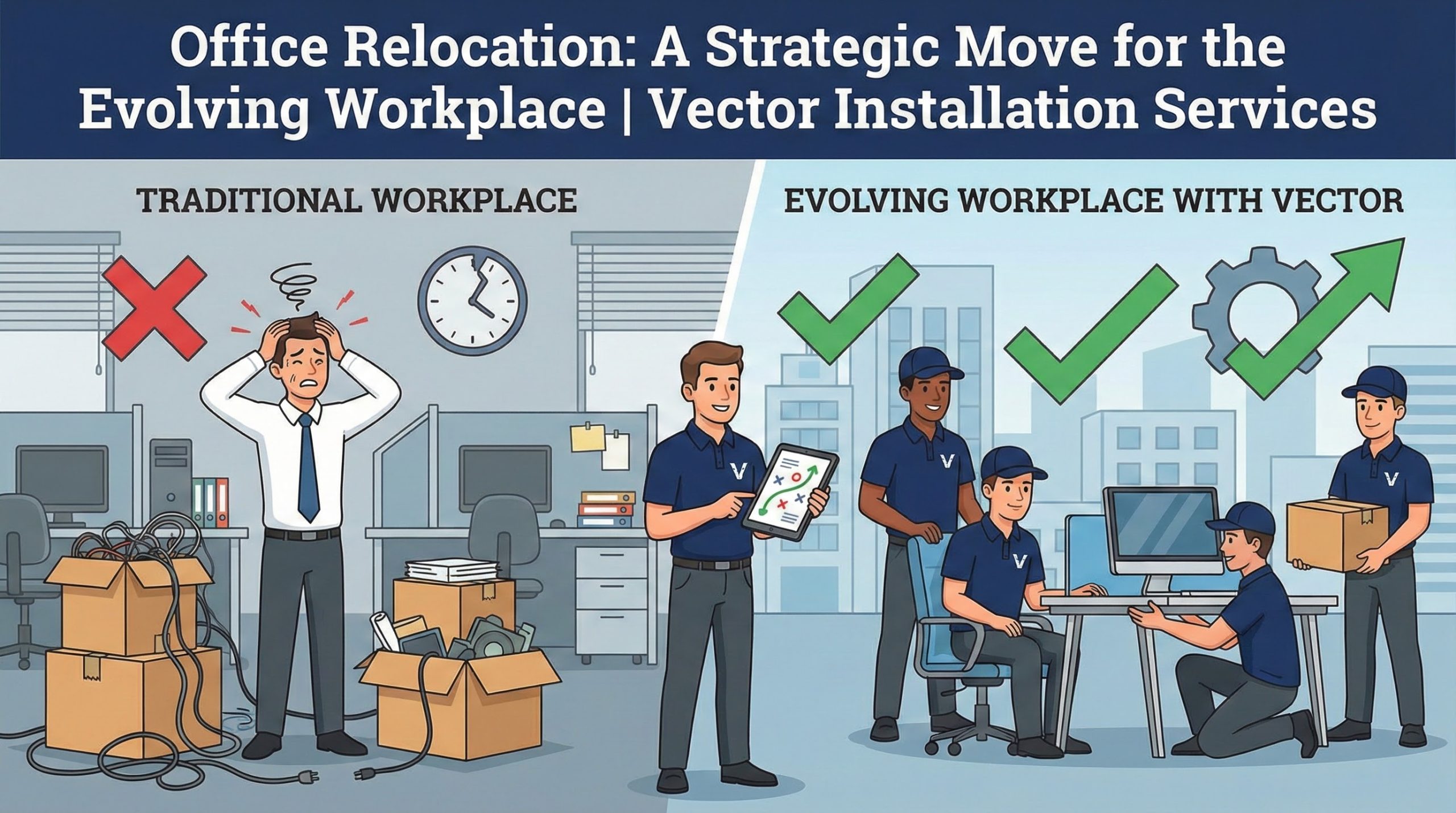 Cartoon contrasting two scenes: Traditional Workplace (stressed manager, cluttered office, tangled wires, clock with X mark) vs. Evolving Workplace with Vector (crew installing modern desks, manager reviewing a digital plan, thought bubbles showing growth and checkmarks).