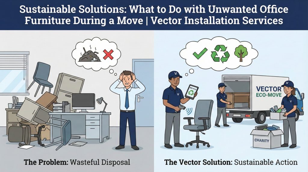 Cartoon contrasting two scenes: The Problem (stressed employee, pile of broken/unwanted office furniture, thought bubble showing trash/waste) vs. The Vector Solution (crew loading truck for 'Eco-Move,' using a scanner for assets, and labeling a box for 'Charity,' symbolizing recycling/sustainability).