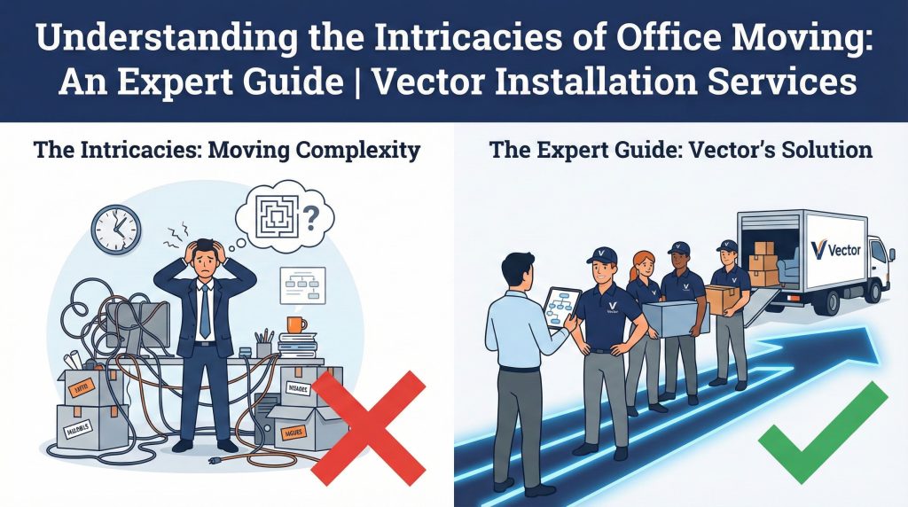 Cartoon contrasting two scenes: Moving Complexity (stressed manager, tangled wires, mislabeled boxes, thought bubble showing maze/question mark) vs. The Expert Guide (Vector Project Manager with tablet, professional crew moving items along a clear path to the truck).
