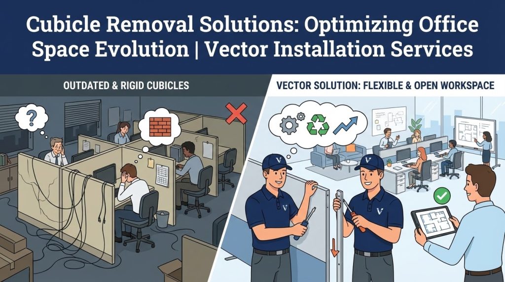 Cartoon contrasting two scenes: Outdated Cubicles (employees in high-walled, rigid cubicles with tangled wires, confusion thought bubble) vs. Vector Solution (crew removing cubicle panels to create an open workspace, manager reviewing a tablet floor plan, thought bubbles showing recycling, gears, and growth, symbolizing a flexible and open workspace).