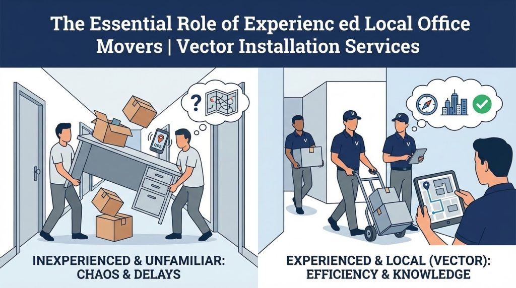 Cartoon contrasting two scenes: Inexperienced Movers (struggling to move a desk through a door, dropped boxes, confusion thought bubble) vs. Experienced & Local Vector Movers (efficiently moving items with a hand truck, Project Manager reviewing a map on a tablet, thought bubbles showing compass/city/checkmark, symbolizing efficiency and local knowledge).
