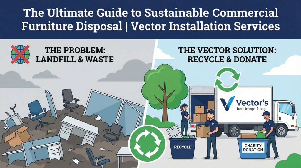 Infographic contrasting two scenes: The Problem (pile of office furniture in a landfill, crossed out globe symbol) vs. The Vector Solution (crew loading furniture for 'Recycle & Donate,' truck, recycling bins, and charity box).