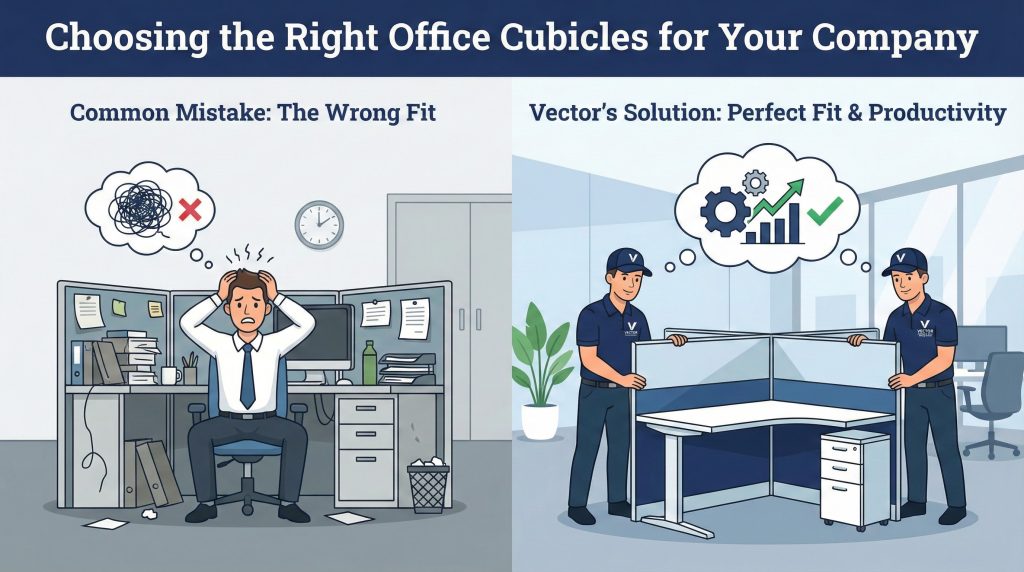 Cartoon contrasting two scenes: Common Mistake (stressed employee in messy, cluttered cubicle) vs. Vector's Solution (professional crew installing a clean, modern cubicle with thought bubble showing perfect fit, gears, and a productivity graph).