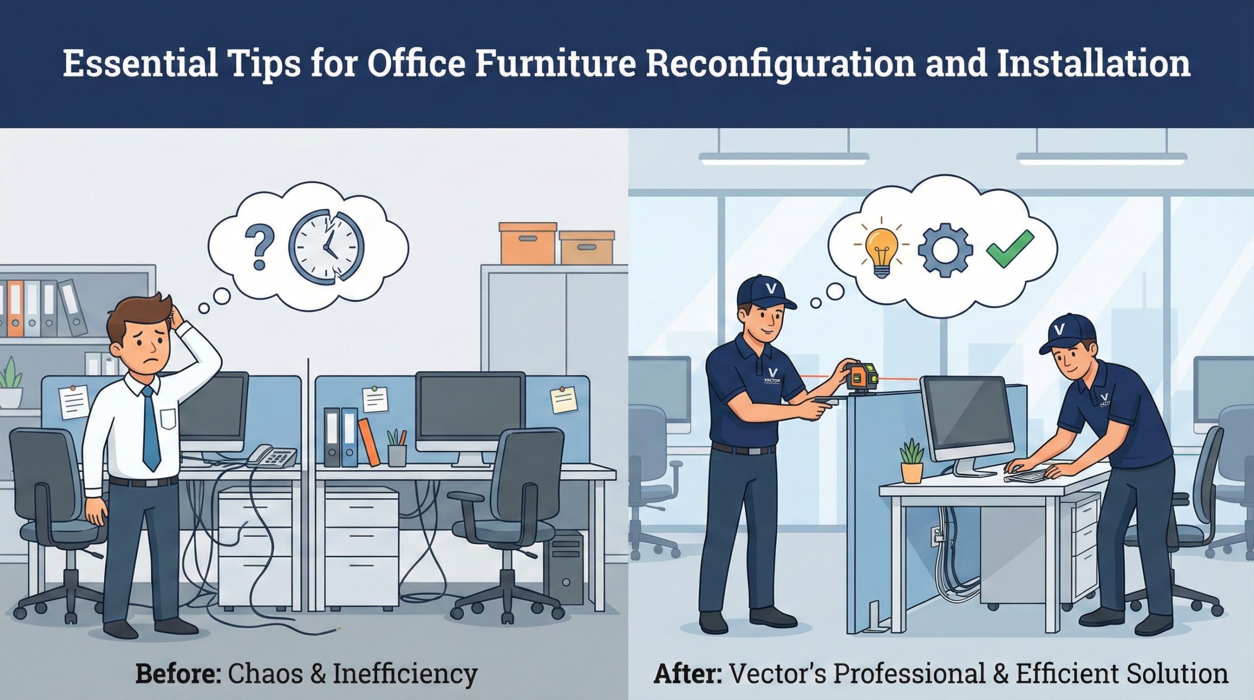 Cartoon contrasting two scenes: Before (confused employee, tangled wires, messy desk, clock with question mark) vs. After (Vector crew using laser level and tools for professional, efficient office furniture reconfiguration and installation).