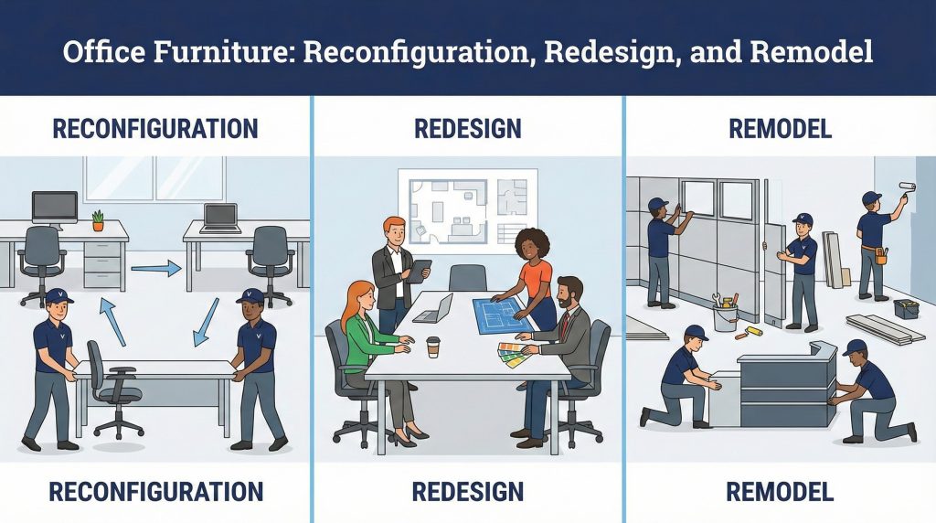 Infographic comparing three office space changes: Reconfiguration (Vector crew moving existing furniture), Redesign (consultants reviewing blueprints, colors, and layout), and Remodel (Vector crew installing new walls, painting, and setting up new furniture/reception desk).