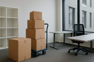 Office furniture setup in progress featuring stacked moving boxes, a black ergonomic chair, two gray office desks, and a white shelving unit near large windows.
