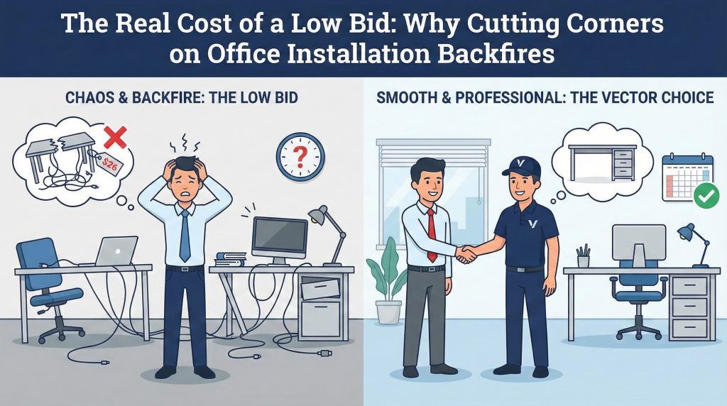 Cartoon contrasting two scenes: The Low Bid (stressed manager, broken desk, tangled wires, thought bubble showing price tag and confusion) versus The Vector Choice (Vector professional shaking hands with a happy client, thought bubble showing a clean desk and checkmark/calendar, symbolizing smooth and professional installation).