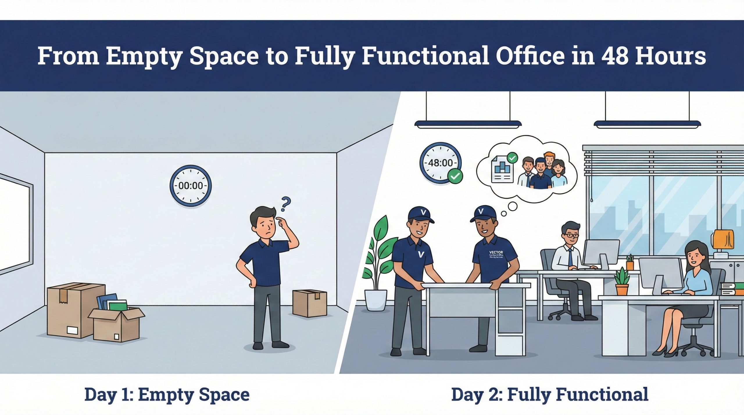 Cartoon contrasting two scenes: Day 1 (Vector crew member confused in an empty room with a clock at 00:00, boxes) vs. Day 2 (Fully Functional office with employees working, Vector crew completing setup, clock at 48:00, symbolizing rapid, efficient installation).