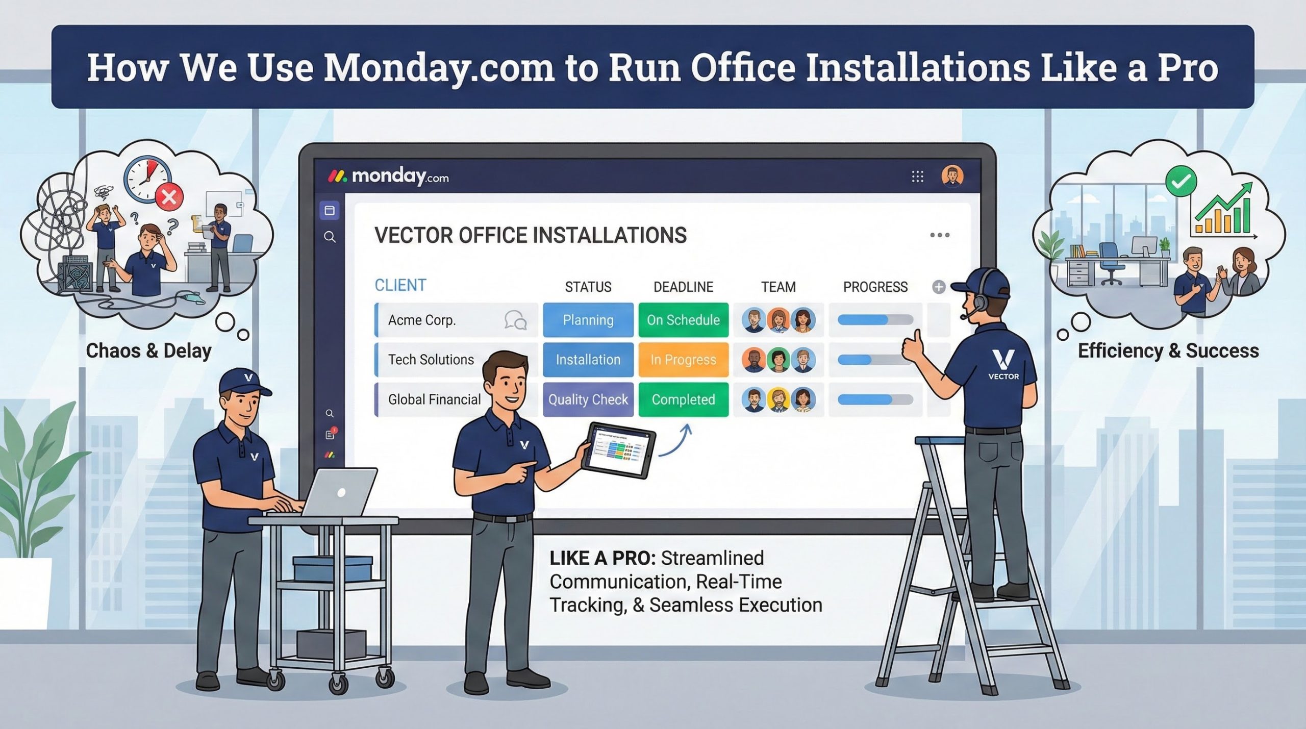 Infographic showing Vector crew using the Monday.com project management platform to track office installations with statuses like 'Planning,' 'On Schedule,' and 'Completed,' contrasting the initial 'Chaos & Delay' with the final 'Efficiency & Success.'