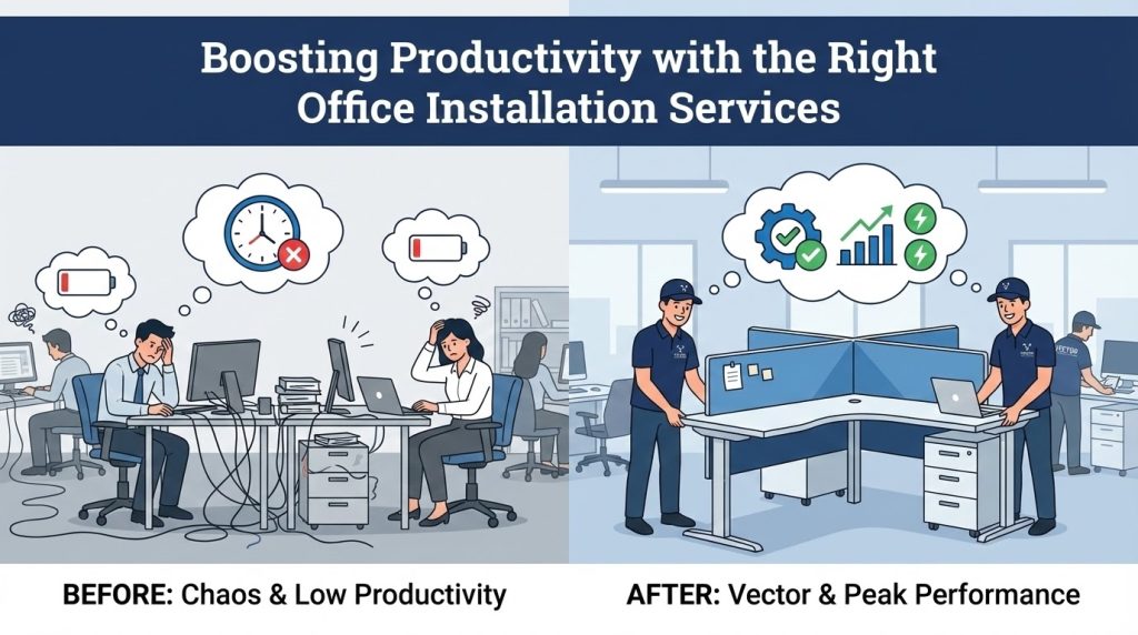 Cartoon contrasting two office scenes: BEFORE (chaotic desks, low battery icons, stressed employees, tangled wires) vs. AFTER (Vector crew installing clean, new workstation, high productivity graph, happy employees).