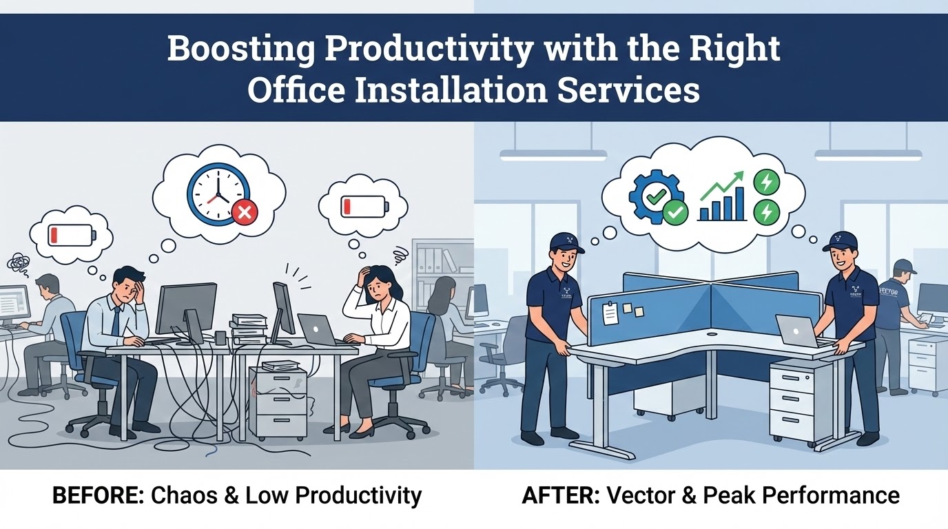 Cartoon contrasting two office scenes: BEFORE (chaotic desks, low battery icons, stressed employees, tangled wires) vs. AFTER (Vector crew installing clean, new workstation, high productivity graph, happy employees).
