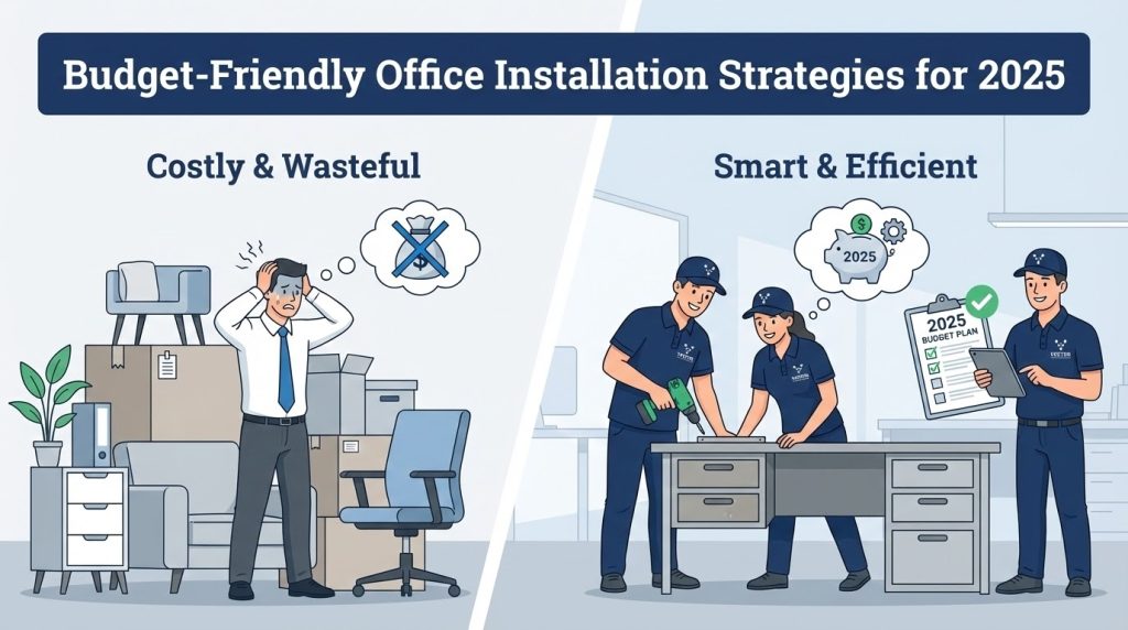 Cartoon contrasting two approaches: Costly & Wasteful (stressed person, pile of unused furniture, wasted budget) versus Smart & Efficient (Vector team assembling desk, holding 2025 Budget Plan, pig bank with savings).