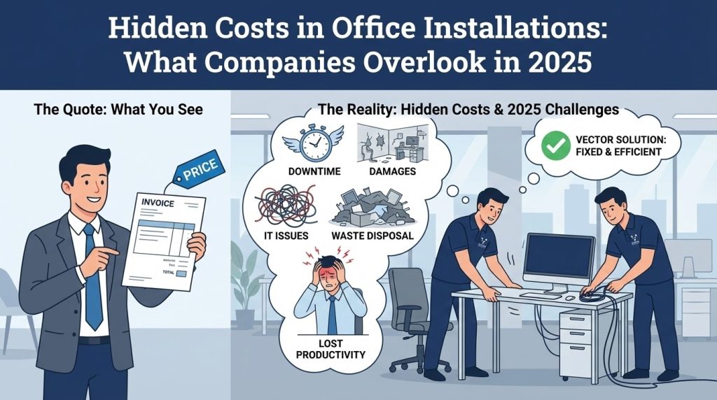Infographic contrasting "The Quote: What You See" (low invoice price) with "The Reality: Hidden Costs" (Downtime, IT Issues, Damages, Lost Productivity) that companies overlook in 2025, and the "Vector Solution: Fixed & Efficient" setup.