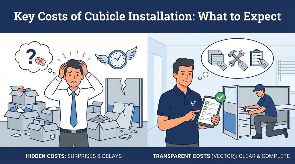 Cartoon contrasting two scenes: Hidden Costs (stressed manager, broken cubicle panel, flying clock, boxes, thought bubble showing question mark and price tag) vs. Transparent Costs by Vector (crew installing cubicle, Project Manager holding a tablet with a clear checklist and labeled costs, symbolizing a clear and complete process).