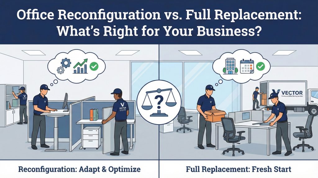 Infographic contrasting Office Reconfiguration (Vector crew adjusting existing cubicle, thought bubbles showing gears/growth) versus Full Replacement (Vector crew installing new desks and chairs from a new truck delivery). A scale in the center asks, 'What's Right for Your Business?'