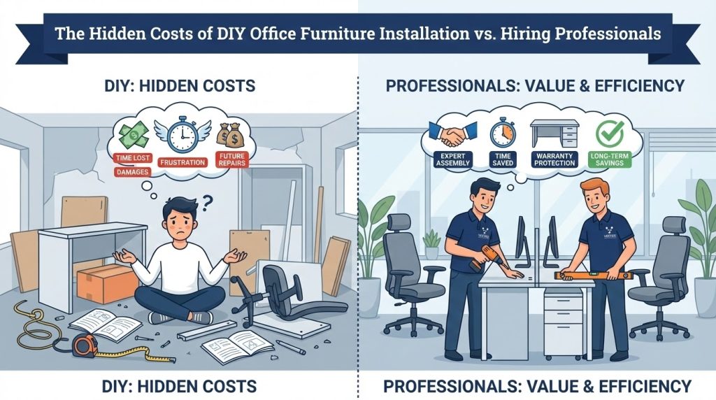 Infographic contrasting DIY office furniture installation (confused person, damages, clutter, costs like Time Lost, Future Repairs) with professional installation (Vector crew, Expert Assembly, Time Saved, Warranty Protection).