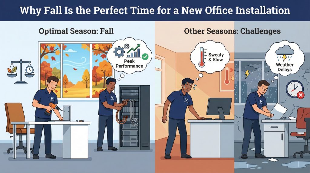 Cartoon contrasting two scenes: Optimal Season: Fall (Vector crew installing furniture by a crisp autumn window, thought bubbles showing balance and peak performance) vs. Other Seasons: Challenges (sweaty crew member and another dealing with rain/weather delays).