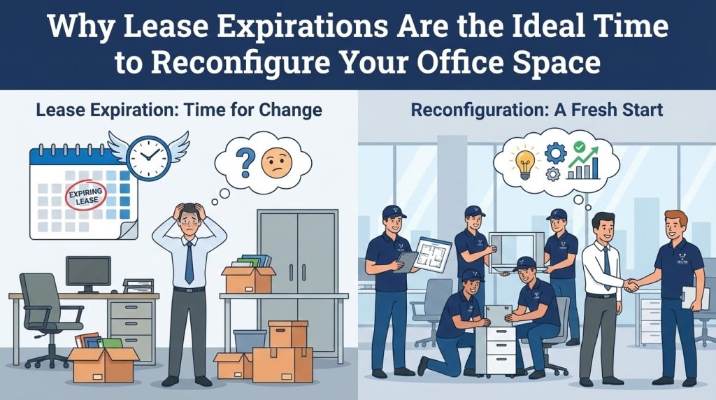 Cartoon contrasting two scenes: Lease Expiration (stressed manager, calendar with 'Expiring Lease,' boxes) versus Reconfiguration: A Fresh Start (Vector crew reconfiguring office, business handshake, thought bubble showing ideas/growth).