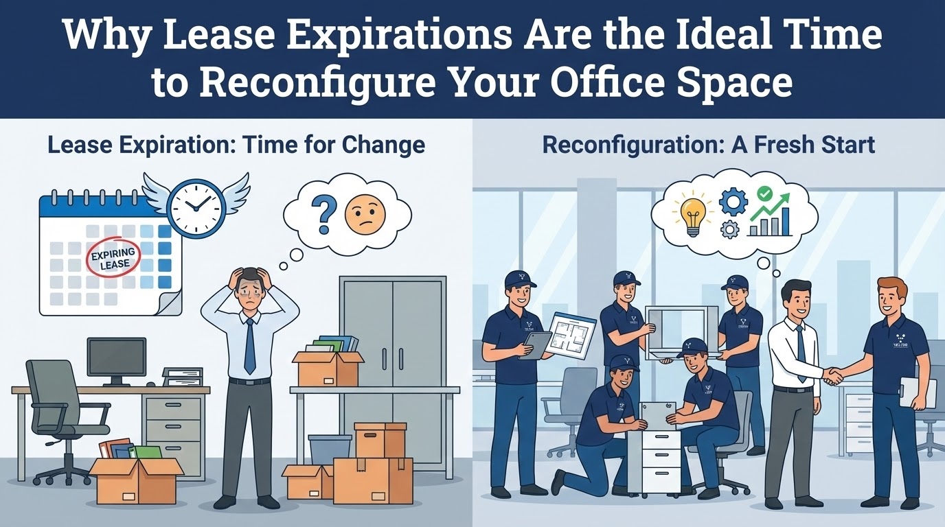 Cartoon contrasting two scenes: Lease Expiration (stressed manager, calendar with 'Expiring Lease,' boxes) versus Reconfiguration: A Fresh Start (Vector crew reconfiguring office, business handshake, thought bubble showing ideas/growth).