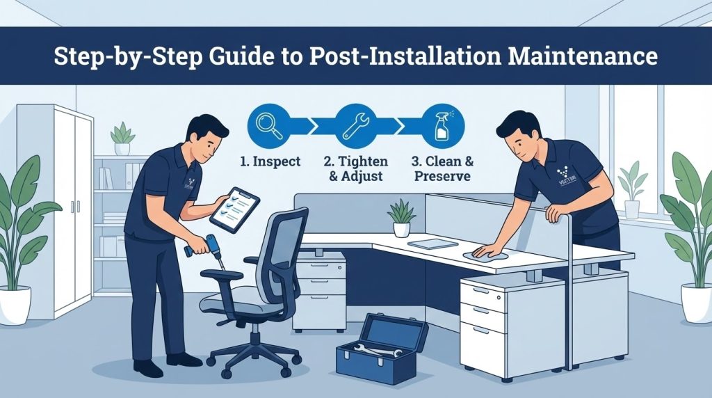 Infographic showing the 3-step guide to post-installation maintenance: 1. Inspect (checking a chair), 2. Tighten & Adjust (using tools), and 3. Clean & Preserve (wiping down a desk), performed by Vector professionals.