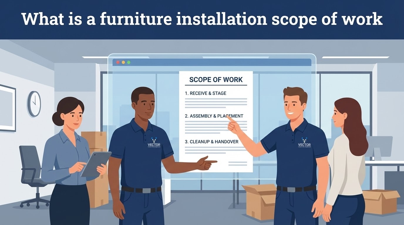 Cartoon of two Vector professionals explaining a digital "SCOPE OF WORK" document to two clients, detailing the three main phases of furniture installation: 1. Receive & Stage, 2. Assembly & Placement, and 3. Cleanup & Handover.